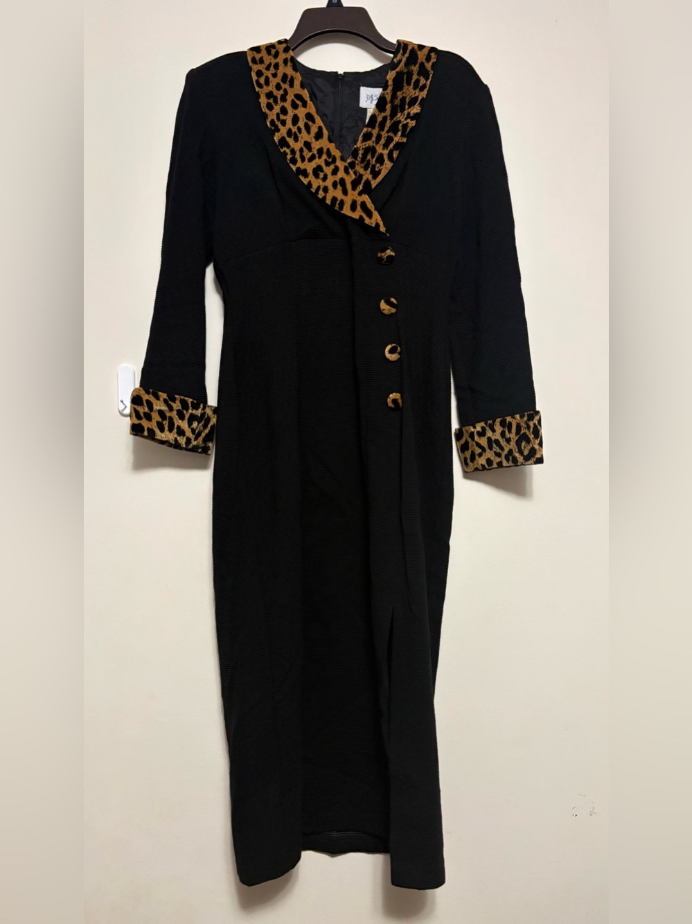 Vintage D.J. Summers Black Leopard Trim Midi Dress Size 12 Textured
